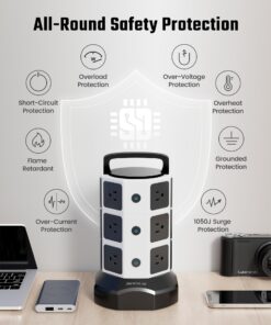 Power Strip Tower Surge Protector, JACKYLED 1625W 13A Outlet Surge Electric Tower, 12 Outlets 6 USB Ports Retractable Cord Charging Station with 16AWG 6.5ft Heavy Duty Extension Cord for Home Office Medium White Black 24 71jMLlj1hcL