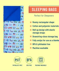 Wildkin Kids Sleeping Bags for Boys & Girls, Measures 57 x 30 x 1.5 Inches, Cotton Blend Material Sleeping Bag for Kids, Ideal for Parties, Camping & Overnight Travel(Trains Planes & Trucks) Trains, Planes, and Trucks 10 71jSxJkBVaL