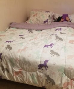 Amazon Basics Kid's Easy Care Microfiber Bed-in-a-Bag 7-Piece Bedding Set, Full/Queen, Purple Unicorns, Solid & Printed 42 71jUCKTg3BL 2