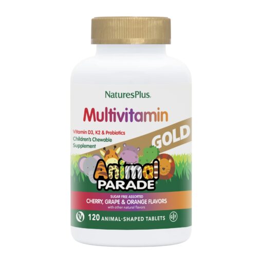 NaturesPlus Animal Parade Gold Children's Multivitamin - Assorted Cherry, Orange & Grape Flavors - 120 Chewable Animal-Shaped Tablets - Vegetarian, Gluten Free - 60 Servings