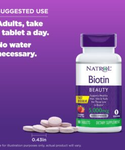 Natrol Beauty Biotin 5000mcg, Dietary Supplement for Healthy Hair, Skin, Nails and Energy Metabolism, 90 Strawberry-Flavored Fast Dissolve Tablets, 90 Day Supply 90 Servings (Pack of 1) 12 71jfxsqhweL