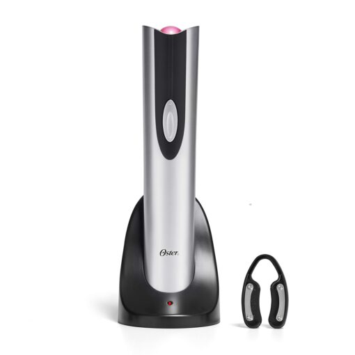 Oster Electric Wine Opener and Foil Cutter Kit with CorkScrew and Charging Base, Silver | Gifts for Wine Lovers