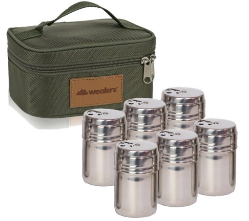 Wealers 6 Piece Stainless Steel Spice Shaker Jars Salt and Pepper Holder BBQ Spice Herbs 3 Size Cover with Bag for East Travel, Great for Home or Outdoor Use, Green