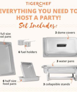 Complete Stainless Steel Chafing Dish Set by TigerChef, Buffet Food Warmer with Foldable Frame, Fuel Holders with Covers, Food Pans, Water Pan, Elegant Buffet Set for Parties, 8 Qt Capacity, Set of 3 2 Half Inserts 9 71joBDsPgUL