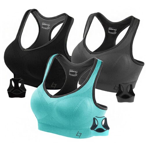 FITTIN Racerback Sports Bras for Women - Padded Seamless High Impact Support for Yoga Gym Workout Fitness Medium Grey/Black/Blue