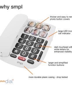 SMPL Hands-Free Dial Photo Memory Corded Phone, One-Touch Dialing, Large Buttons, Flashing Alerts, Durable, Perfect for Seniors, Alzheimer's, Dementia, Hearing Impaired, Handset Volume Increase White - 6 - Standard 16 71jqNFG5CtL