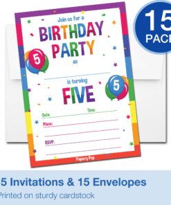 Papery Pop 5th Birthday Party Invitations with Envelopes (15 Count) - 5 Year Old Kids Birthday Invitations for Boys or Girls - Rainbow 7 71juEjM6 RL