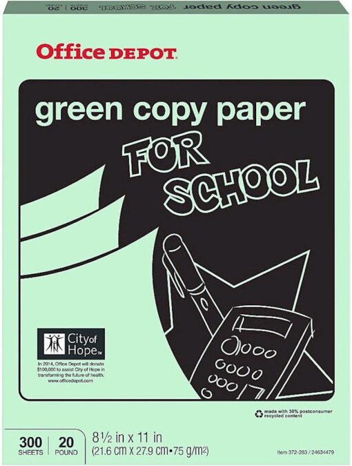 Office Depot Colored Copy Paper, Green, 8 1/2 Inch x 11 Letter Size, 20 lb. Density, 300 Sheets Pack (372-283)