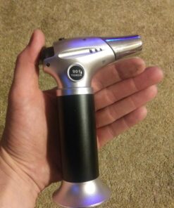 Blow Torch, Professional Kitchen Cooking Torch with Lock Adjustable Flame Refillable Mini Blow Torch Lighter for BBQ, Baking, Brulee Creme, Crafts and Soldering(Butane Gas Not Included) Silver+black 41 71k8K4iZUJL