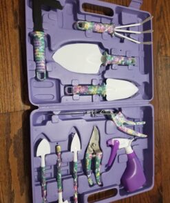 Garden Tools Set, JUMPHIGH 10 Pieces Gardening Tools with Purple Floral Print, Ergonomic Handle Trowel Rake Weeder Pruner Shears Sprayer, Garden Hand Tools with Carrying Case Gardening Gifts for Women 38 71kHrqGG4L