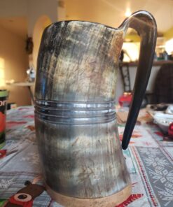 Norse Tradesman XL Viking Drinking Horn Mug - 100% Authentic Beer Horn Tankard With Hardwood Bottom & Ring Engravings | The Eternal, Low Polish, approx. 30 oz 45 71kL3gq QZL 1