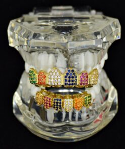 18K Gold Plated Clown Grillz Set Multi-Color CZ Bling Cubic Zirconia Top & Bottom Teeth Hip Hop Grills 9 71kPv88jL