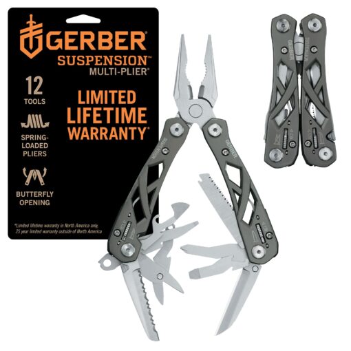 Gerber Gear Suspension 12-in-1 Needle Nose Pliers Multi-tool with Tool Lock - Multi-Plier, Wire Cutter, Crosspoint and Flathead Screwdriver Set, Small Scissors - EDC Gear and Equipment - Gray Grey