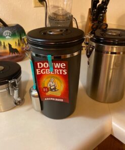 Coffee Gator Stainless Steel Canister - Large 22oz, Silver Coffee Grounds and Beans Container with Date-Tracker, CO2-Release Valve, and Measuring Scoop - Ideal Coffee Lovers Gifts for Her Gray with Green 67 71kVCbMOKEL