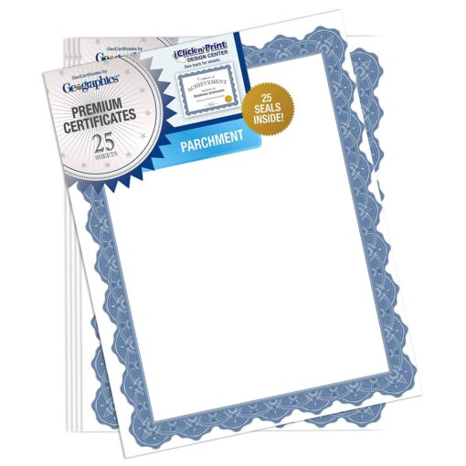 Geographics Optima Blue Blank Award Certificate Paper with Gold Foil Seals, 8.5 x 11, Seal 1.75" (Pack of 25)