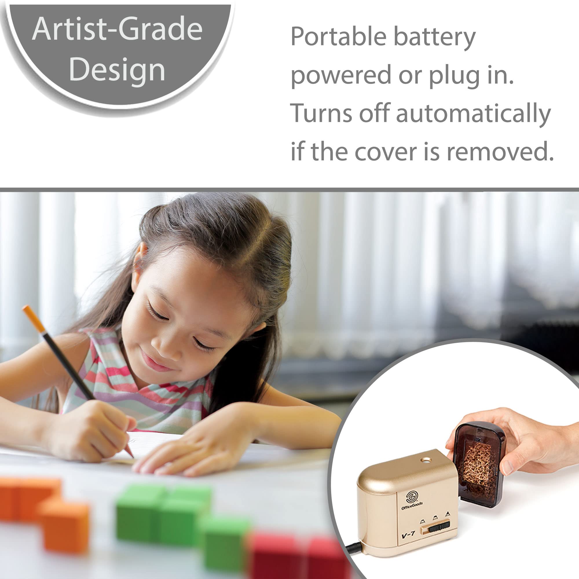 OfficeGoods Electric Pencil Sharpener - Battery or Cord Powered Portable Sharpener - Perfectly Sharpens Colored Pencils, Drafting Pencils for Artists, Office, School & Home - Gold 2 OfficeGoods Electric Pencil Sharpener - Battery or Cord Powered Portable Sharpener - Perfectly Sharpens Colored Pencils, Drafting Pencils for Artists, Office, School & Home - Gold - Image 2