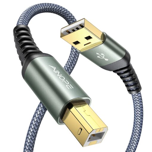 AINOPE USB Printer Cable, 6.6FT/2 Meter USB Printer Cord Never Rupture USB 2.0 Type A Male to B Male Scanner Cord High Speed for HP, Canon, Dell, Epson, Lexmark, Xerox and More Grey