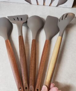 Miusco Non-Stick Silicone Kitchen Utensils Set with Natural Acacia Hard Wood Handle, 5 Pieces, Grey, BPA Free, Baking, Serving and Cooking Utensils Gray 38 71kqNQ9v53L