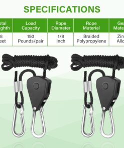 iPower GLROPE 1-Pair 1/8 Inch 8-Feet Long Heavy Duty Adjustable Rope Clip Hanger (150lbs Weight Capacity) Reinforced Metal Internal Gears, 1 Pack, Black 1 Pair 11 71krcpY2lwL