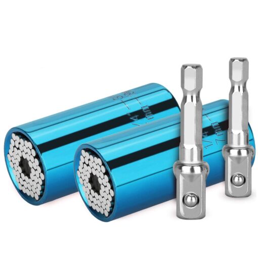 4PCS Universal Socket Wrench Set, 2 Socket Grips with 2 Drill Adapters, 7mm-19mm Multi-function Wrench Repair Kit Gadgets, DIY Ratchet Hand Tool Gifts for Men Dad Husband Boyfriend, Fathers Day Gift Blue