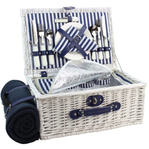 Picnic Basket Willow for 4 Persons, Large Wicker Hamper Set with Big Insulated Cooler Compartment, Free Fleece Blanket with Waterproof Backing and Cutlery Service Kit- Fashionable White Washed Color White for 4 Persons