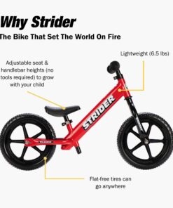 Strider 12” Classic Bike - No Pedal Balance Bicycle for Kids 18 Months to 3 Years - Includes Built-In Footrest, Handlebar Grips & Flat-Free Tires Strider Red 14 71l6jECH0mL