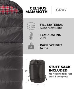 TETON Sports Mammoth Queen Size Sleeping Bag- Double Sleeping Bag – A Warm Bag The Whole Family can Enjoy – Great Sleeping Bag for Camping, Hunting and Base Camp. Compression Sack Included Grey Mammoth 20F 20 71lTgS4E5cL