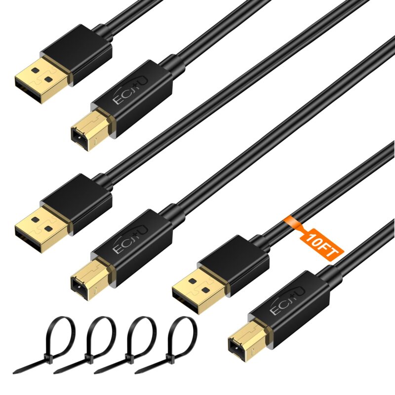 USB 2.0 Printer Cable 10FT(3 Pack), Printer Cord A Male to B Male, Replacement Cable for Mice, Keyboards, Printers and Cameras, Compatible for HP, Canon, Dell, Epson, Lexmark, Xerox, Samsung, Brother 3 Pack