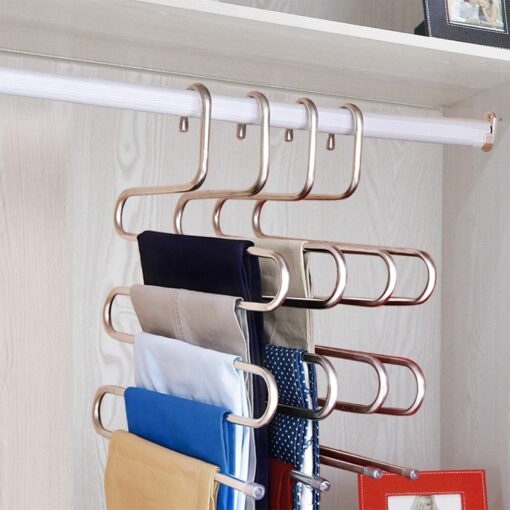 HonTop S-Type Stainless Steel Pants Hangers Space Saving 3Pcs Multi-Purpose Storage Organizer Rack Magic for Hanging Trousers Jeans Scarf Tie Clothes, 5Layers