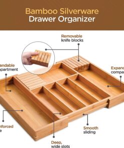 Utensil Organizer for Kitchen Drawers - Bamboo Silverware Organizer - Expandable Utensil Holder and Cutlery Tray with Divider and Removable Knife Block | 17” Long, Adjustable from 13” to 22.2” W' Knife Block 24 71lZt P5SZL