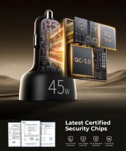 USB C Car Charger, 45W 4 Ports Super Fast Car Charger Adapter, PD 3.0 & QC 3.0 30W Type C Car Charger Compatible with iPhone13 Pro Max/Samsung Galaxy 22/Google Pixel, Cigarette Lighter USB Charger Black 31 71laWRZBpIL