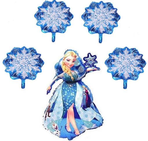 Disney Princess Frozen Birthday Party - Queen Elsa Balloons Helium Bouquet - Winter Theme Snowflake Balloons - Combined Bundle by Jolly Jon 5 Piece Set