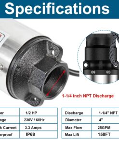 iMeshbean® 4" Deep Well Submersible Pump, 1/2 HP, 220V, 60 Hz, 25 GPM, 150 Feet Head, Stainless Steel with Built-in Control Box M#03 8 71lijedQC4L