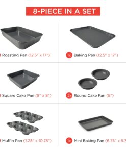 Elbee Home 8-Piece Nonstick Aluminized Steel, Space Saving Baking Set , With Deep Roasting Pan, Cookie Sheet, Cake Pans, Muffin Pans and Baking Pan PFOA & PFOS Free 13 71lvwHJXNDL