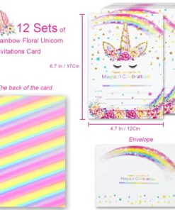 T-Antrix 24 Pcs Unicorn Invitations with 24 Envelopes, Double Sided Rainbow Glitter Unicorn Birthday Party Invitation Cards for Kids Birthday Baby Shower Unicorn Party Supplies 29 71ly 9xnPML