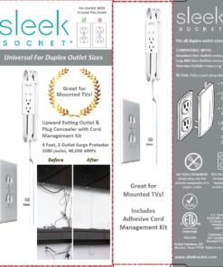 Sleek Socket - The Original & Patented Mounted TV Ultra-Thin Outlet Concealer with Cord Concealer Kit, 2 Outlet, 4-Foot Cord, Universal Size (No More Drilling Holes in Wall to Hide Mounted TV Cord) TV mount - single 26 71m MAEvhKL