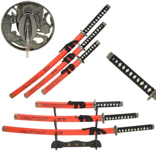 Snake Eye Tactical Two Tone Dragon Design 3 Piece Samurai Katana Set 390RD-AM