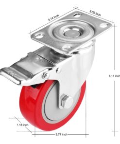 4" Swivel Plate Caster Wheels, PRITEK Heavy Duty Metal Caster Wheels Lock The Top Plate and The Wheels Replacement for Industrial Trailer or Large Home Furniture (Bearing 300lbs Each, Set of 4) Red 16 71m9OiFlpIL