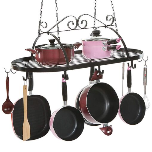 MyGift Black Scrollwork Metal Pot and Pan Ceiling Hanging Rack Heavy Duty Cooking Pans and Utensil Hanger with 10 Dual Hooks