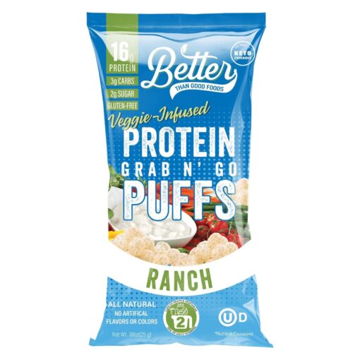 Better Than Good Savory Keto, Gluten-Free Ranch Protein Puffs (4-Pack) - Paleo, Low Sugar, Low Calorie, Diabetic Friendly Snacks | 16g Protein & 2 Servings of Fruits & Veggies 0.88 Ounce (Pack of 4)