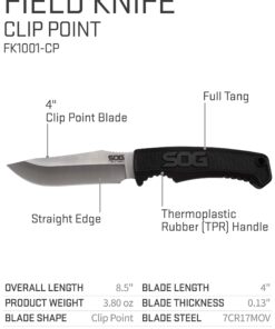 Alternative view of SOG Survival Knife with Sheath - Field Knife Fixed Blade Knives 4 Inch Tactical Knife and Bushcraft Knife w/Full Tang Hunting Knife Blade (FK1001-CP)