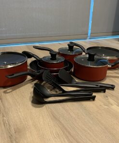T-fal Initiatives Nonstick Cookware Set 18 Piece Oven Safe 350F Pots and Pans, Dishwasher Safe Red 18-Piece 38 71mbr6kraUL