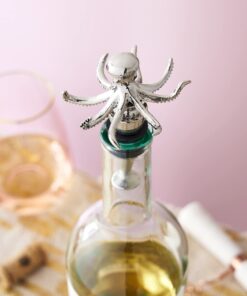 Twine Octopus Wine Bottle Stopper, Keep Wine Fresh, Fits Standard Bottles, Metal, Rubber Seal, Silver, Set of 1 12 71me4FLs pS