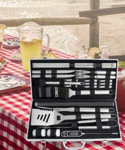 ROMANTICIST 28pc BBQ Accessories Set with Thermometer - The Very Best Grill Gift on Birthday Wedding - Heavy Duty Stainless Steel Grill Set in Case for Outdoor Cooking Camping Grilling Smoking 28PCS SILVER 29 71mmXu9hCoL