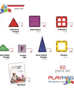 Alternative view of Playmags Magnetic Tiles for Kids, 60 Pc Magnet Blocks with ABC Click-ins, STEM Development Building Toys for Boys Girls & Toddlers 60 Pcs Magnetic Tiles Set