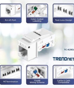 TRENDnet Cat6 Keystone Jack, 25-Pack Bundle, 90° Angle Termination, Compatible With Cat5, Cat5e, Cat6 Cabling, Color-Coded Labeling, Gold-Plated Contacts, Tool-less Design, White, TC-K25C6 17 71mob95rjwL