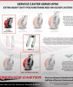 Extra Heavy Duty Kingpinless 6” x 3” Red Polyurethane Tread on Metal Core Caster Set of 4-2 Swivel with Bolt on Swivel Locks/2 Swivel with Brakes - 8,000 lbs. Total Capacity - Service Caster 6" Wheel 4 Swivel w/2 Brakes & 2 Swivel Locks 7 71mp3wBM7hL