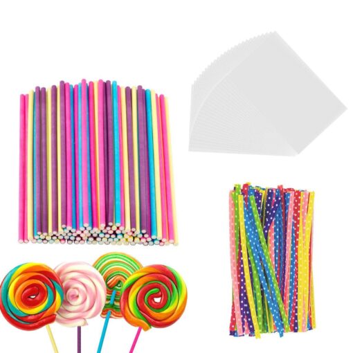 6 Inch Cake Pop Sticks Set Pack of 300, Each of 100 Pieces Parcel Bags, Colorful Treat Sticks, Colorful Metallic Wire for Lollipops Candies Chocolates and Cookies