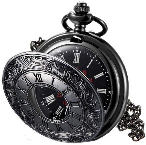 MJSCPHBJK Vintage Pocket Watch for Men Roman Numerals Scale Quartz Pocket Watches with Chain for Xmas Fathers Day Gift Black