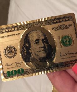 Deck of 24k Gold Foil Plating Poker Plastic Playing Cards with Mahogany Wood Box Includes Certificate of Authenticity Double Sided Color Printed Rendered Etching $100 Benjamin Franklin Logo Design 24 71n1kcBX1dL